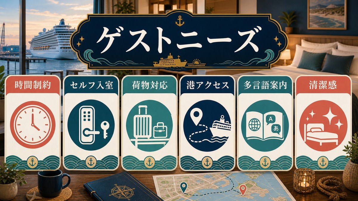 クルーズゲストのニーズとして時間制約、セルフ入室、荷物対応、港アクセス、多言語案内、清潔感を整理した図解
