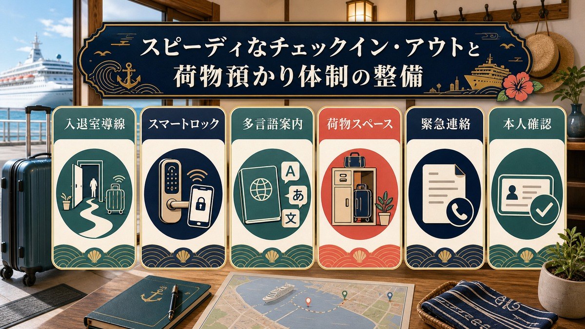 スピーディな入退室導線としてスマートロック、多言語案内、荷物スペース、緊急連絡、本人確認を整理した図解