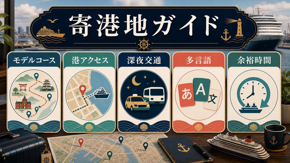 寄港地ガイドとしてモデルコース、港アクセス、深夜交通、多言語、余裕時間を整理した図解