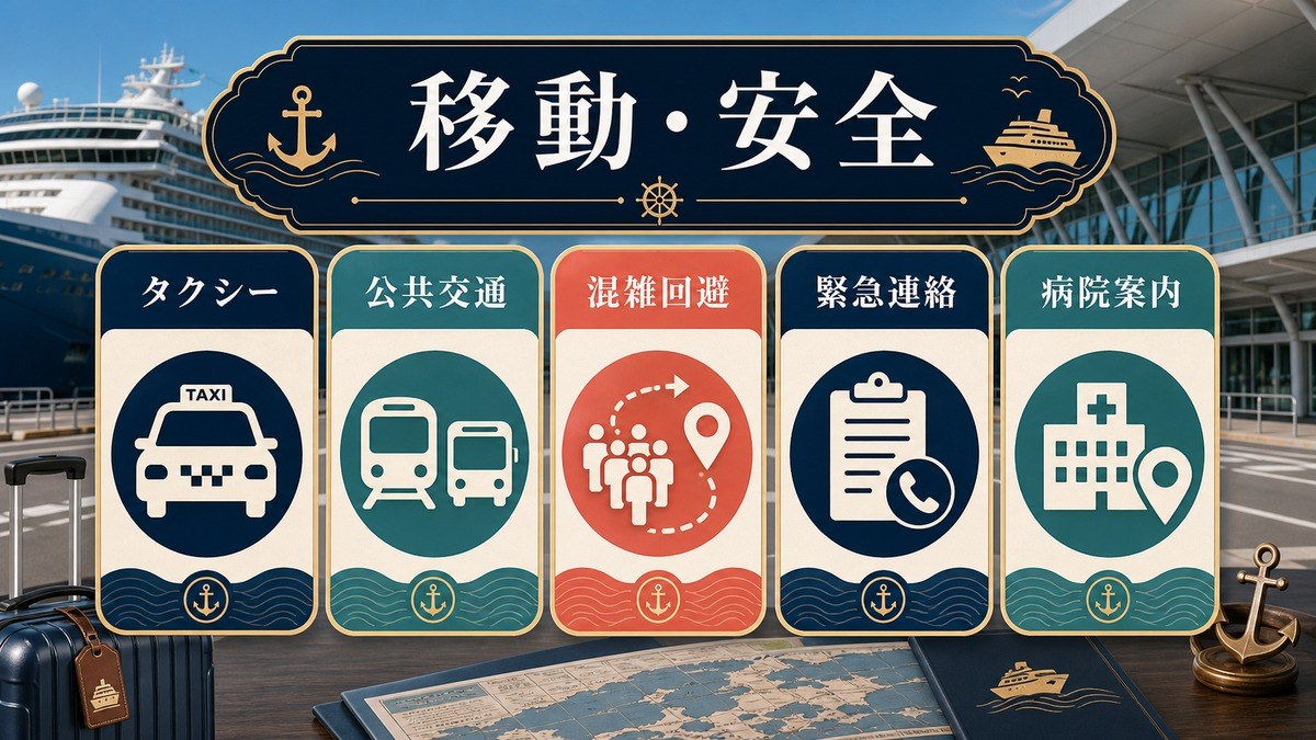 クルーズターミナルからの移動と安全案内としてタクシー、公共交通、混雑回避、緊急連絡、病院案内を整理した図解
