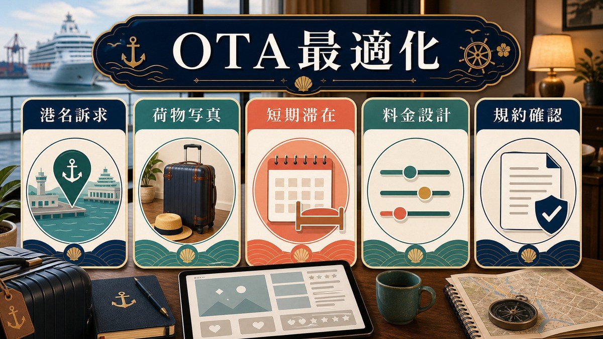 クルーズゲスト向けOTA最適化として港名訴求、荷物写真、短期滞在、料金設計、規約確認を整理した図解