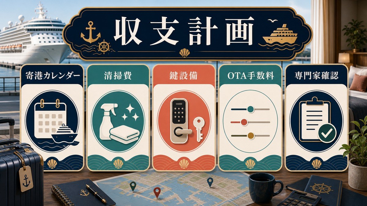 クルーズ港周辺民泊の収支計画として寄港カレンダー、清掃費、鍵設備、OTA手数料、専門家確認を整理した図解