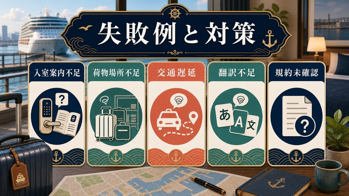 クルーズゲスト受け入れの失敗例と対策として入室案内不足、荷物場所不足、交通遅延、翻訳不足、規約未確認を整理した図解