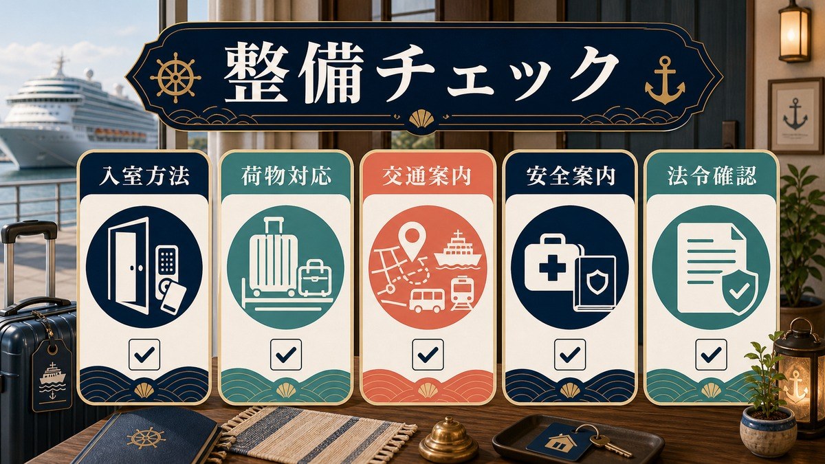 クルーズゲスト向け物件整備チェックリストとして入室方法、荷物対応、交通案内、安全案内、法令確認を整理した図解