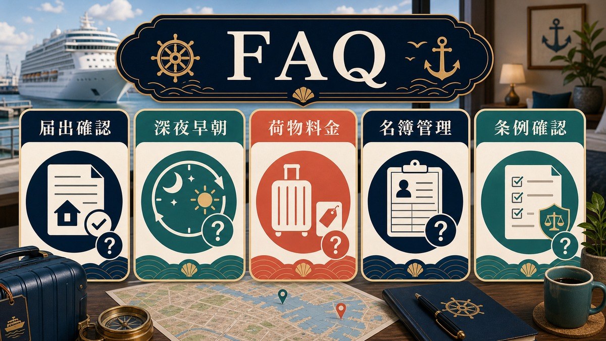 クルーズゲスト対応のFAQとして届出確認、深夜早朝、荷物料金、名簿管理、条例確認を整理した図解