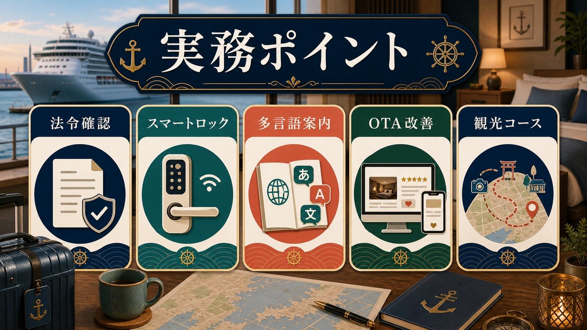 クルーズゲスト対応の実務ポイントとして法令確認、スマートロック、多言語案内、OTA改善、観光コースを整理した図解