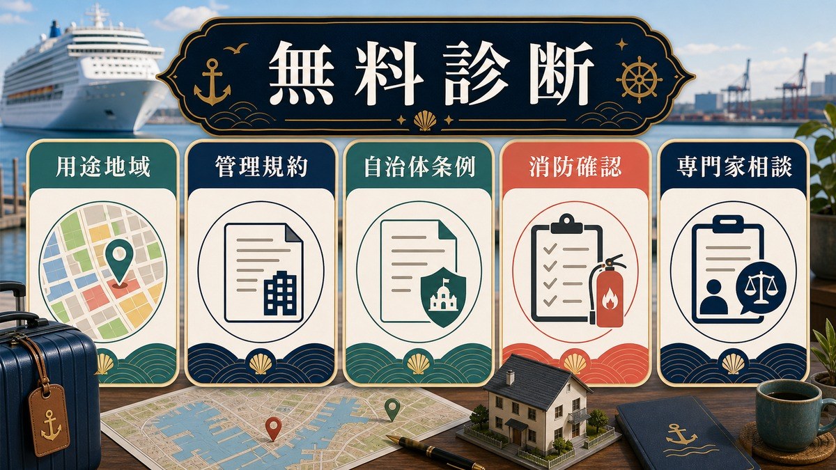 民泊可否の無料診断で用途地域、管理規約、自治体条例、消防確認、専門家相談を確認する図解
