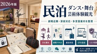 民泊のダンス・舞台芸術体験観光需要について、劇場近隣、深夜対応、多言語案内、OTA設定、リスク管理を整理したアイキャッチ画像