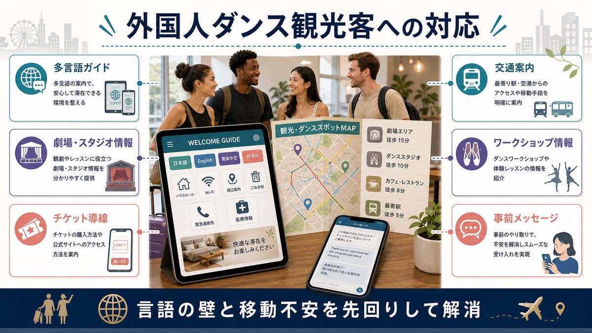 外国人ダンス観光客への対応として、多言語ガイド、劇場・スタジオ情報、チケット導線、交通案内、ワークショップ情報、事前メッセージを整理した図解