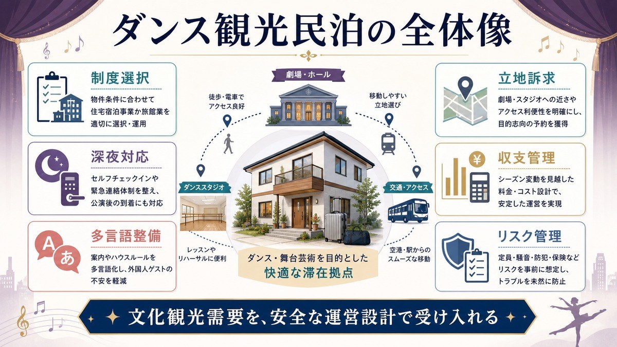 ダンス観光民泊の全体像として、制度選択、深夜対応、多言語整備、立地訴求、収支管理、リスク管理を整理した図解