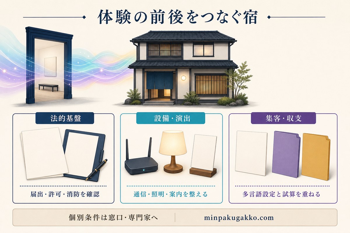デジタルアート周辺民泊を法的基盤、設備・演出、集客・収支の3軸で整理した図