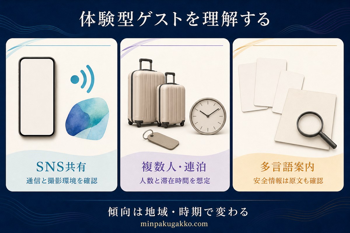 デジタルアートなど体験型観光ゲストのSNS共有、複数人・連泊、多言語案内のニーズを整理した図