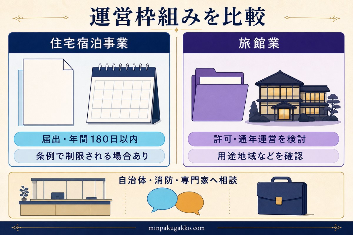 住宅宿泊事業と旅館業の手続き、営業日数、確認事項を比較した図
