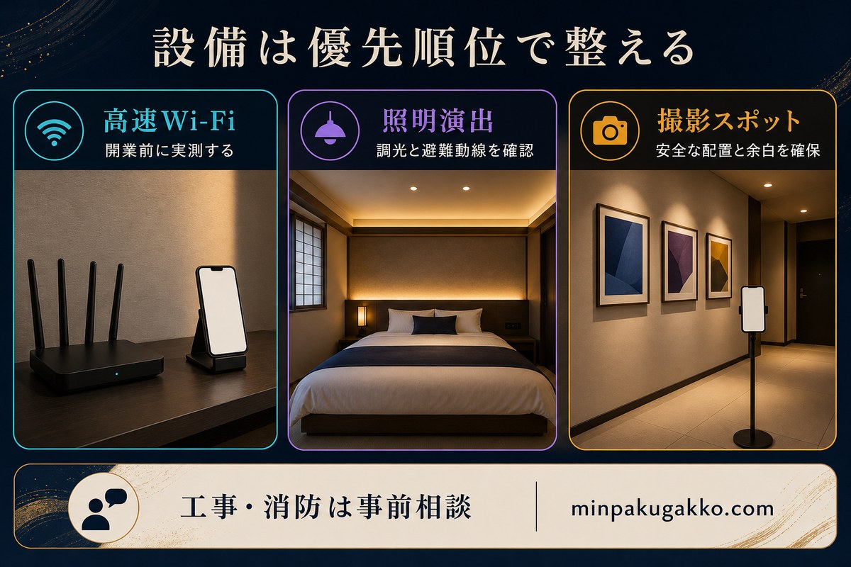 デジタルアート周辺民泊の高速Wi-Fi、照明演出、撮影スポット整備を安全面とともに整理した図