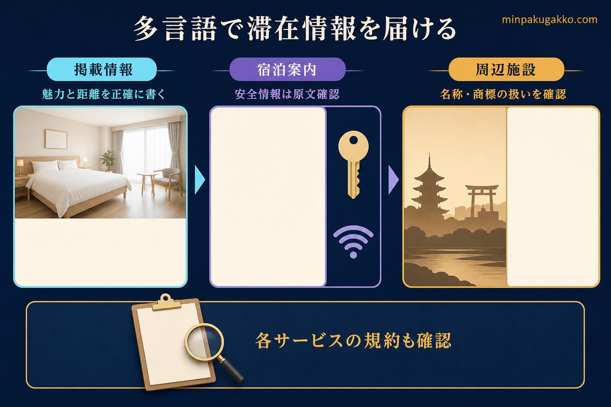 インバウンド向けの掲載情報、宿泊案内、周辺施設情報を多言語で整える際の注意点を整理した図