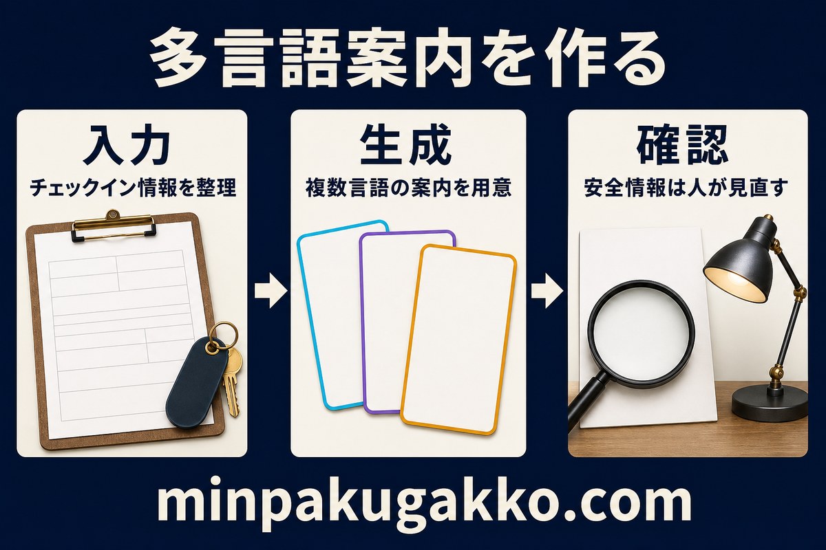 チェックイン情報の入力、多言語案内の生成、安全情報の確認という流れを示した図