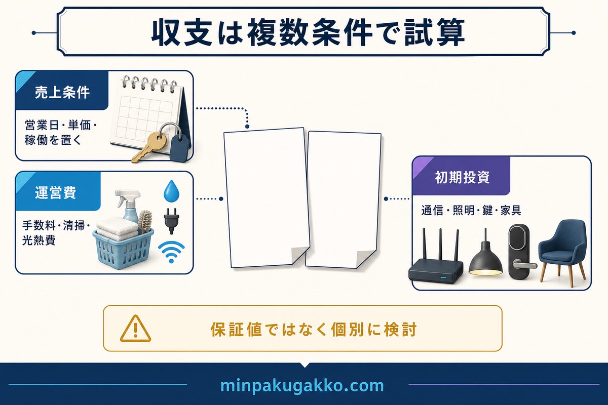 民泊の売上条件、運営費、初期投資を複数条件で試算する考え方を整理した図
