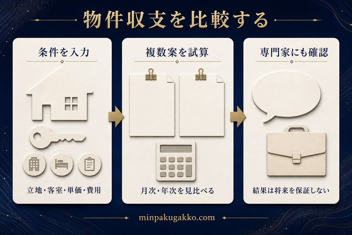 物件条件を入力し、複数の月次・年次収支案を比較して専門家にも確認する流れを示した図