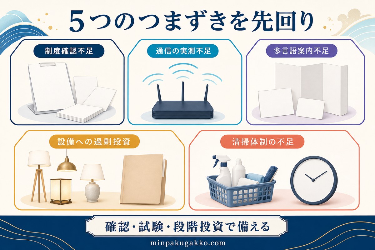デジタルアート周辺民泊で注意したい制度、通信、多言語、設備投資、清掃体制の5つの失敗パターンを整理した図