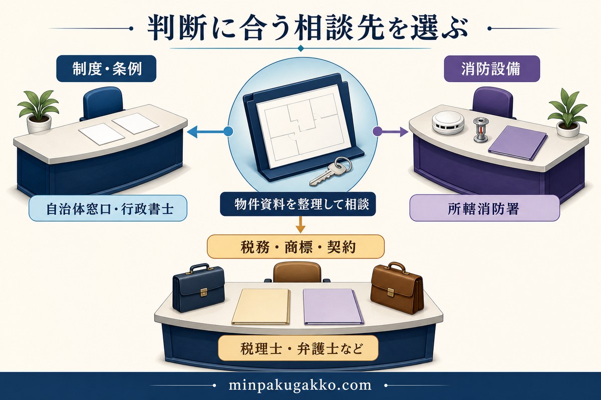 制度・条例、消防設備、税務・商標・契約の内容ごとに相談先を整理した図