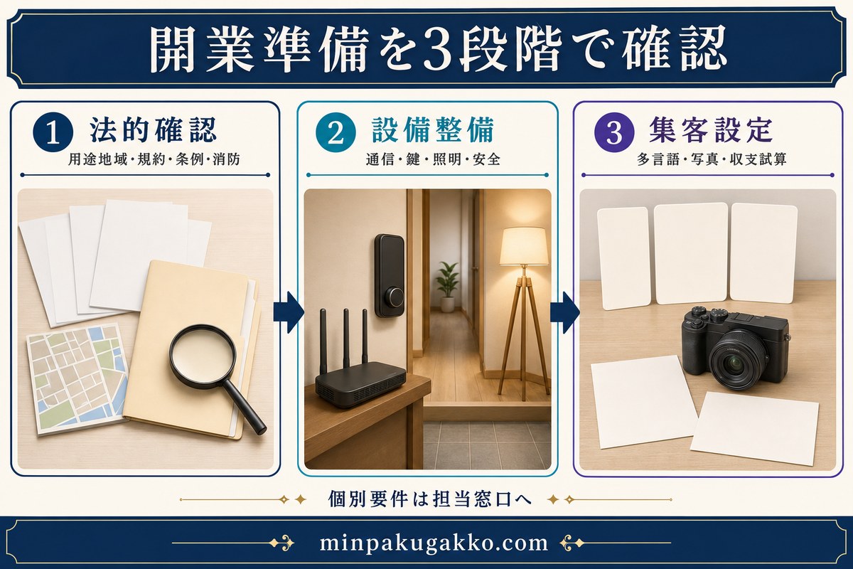 デジタルアート対応民泊の開業準備を法的確認、設備整備、集客設定の3段階で示したチェックリスト図