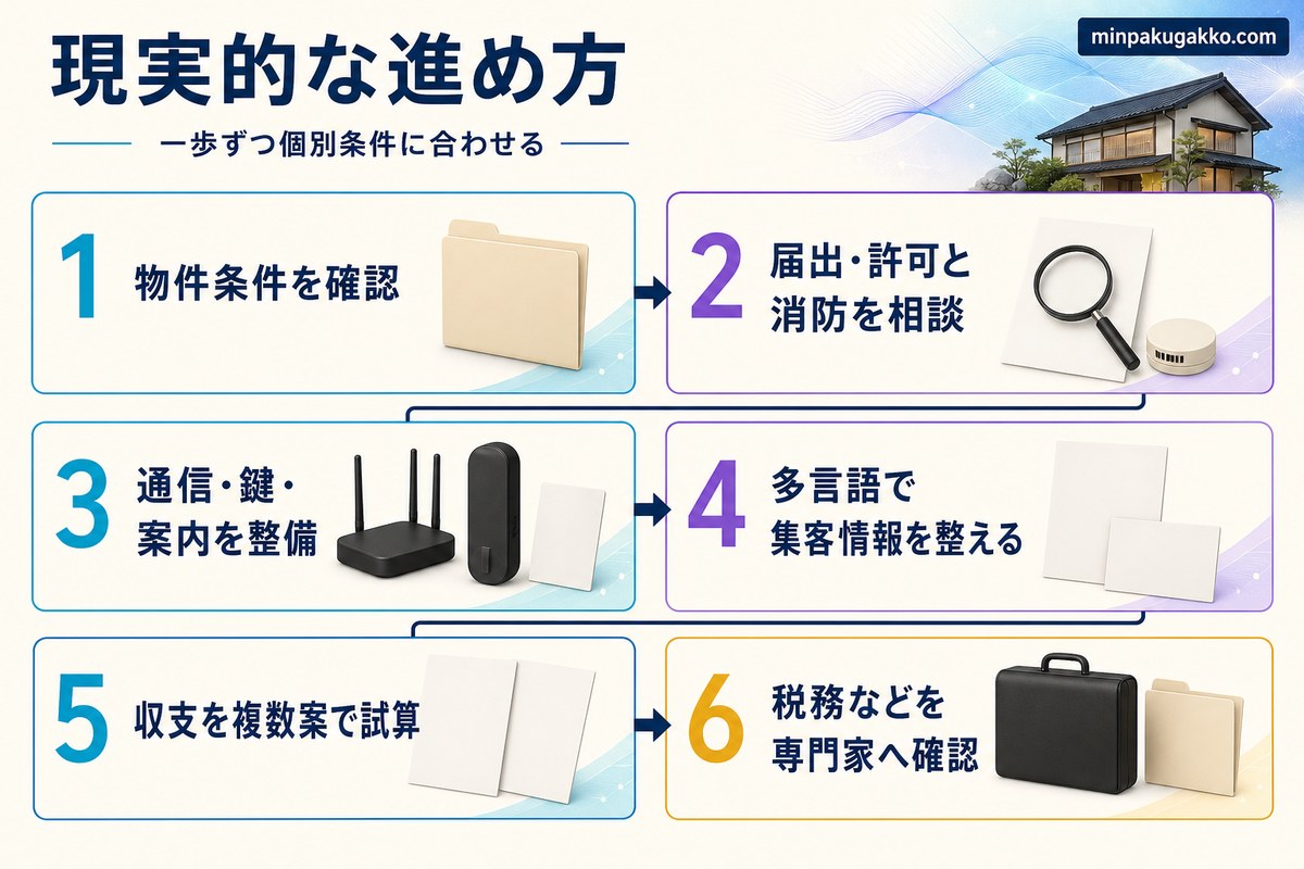 デジタルアート需要を活かした民泊運営を物件確認から専門家確認まで6段階でまとめた図