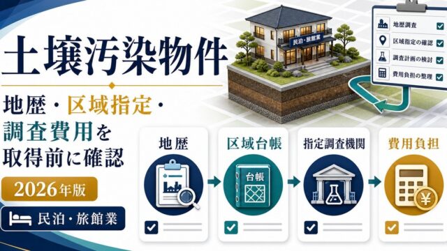 土壌汚染物件で民泊旅館業を始める前に地歴、区域台帳、指定調査機関、費用負担を確認する図解