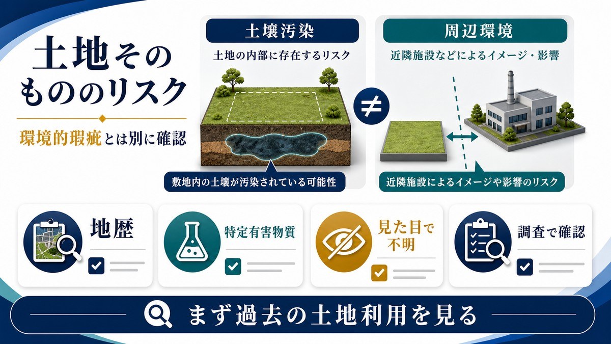 土壌汚染は土地そのもののリスクで環境的瑕疵とは別に確認することを示す図解