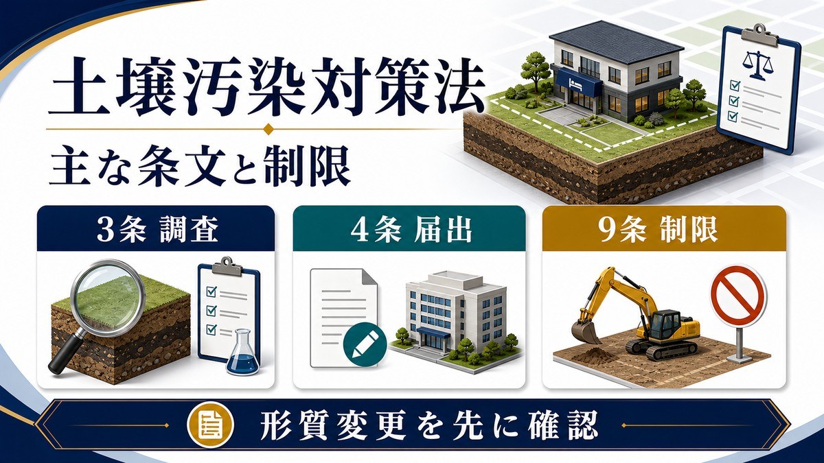 土壌汚染対策法の主な条文と形質変更の制限を確認する図解