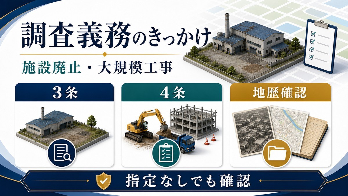 土壌汚染の調査義務が施設廃止や大規模工事をきっかけに発生することを示す図解