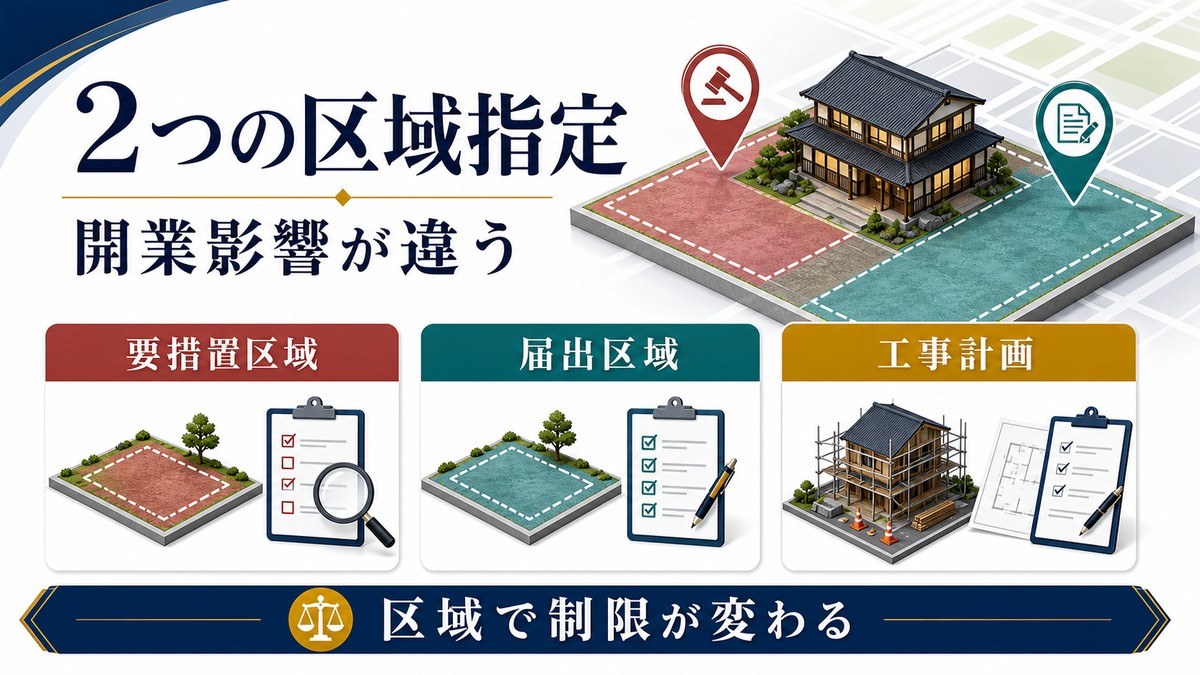 要措置区域と形質変更時要届出区域で改修や工事への影響が異なることを示す図解