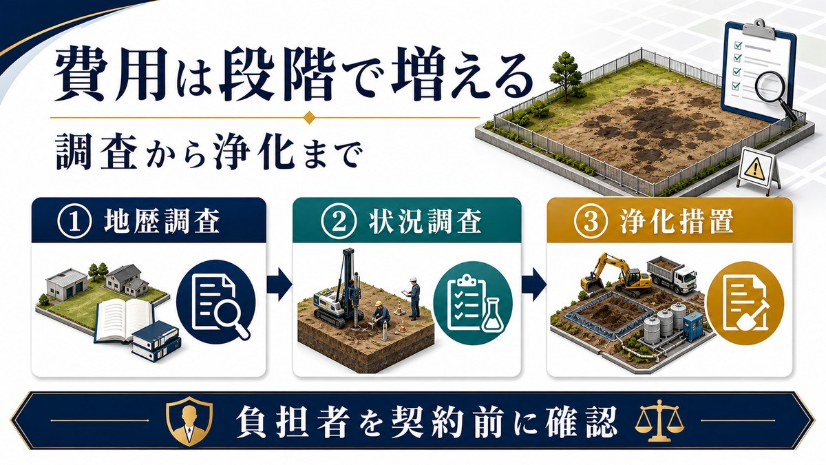土壌汚染の調査と浄化費用が地歴調査、状況調査、浄化と段階的に増えうることを示す図解