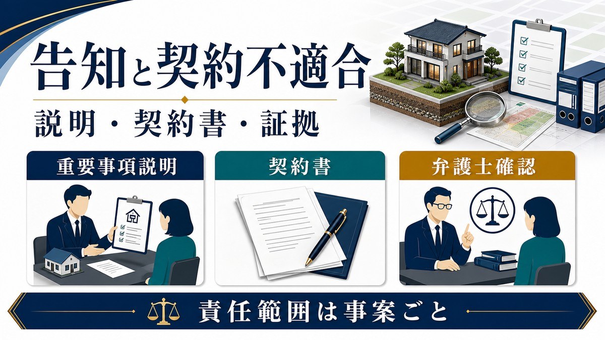 土壌汚染に関する重要事項説明、告知、契約不適合責任を確認する図解