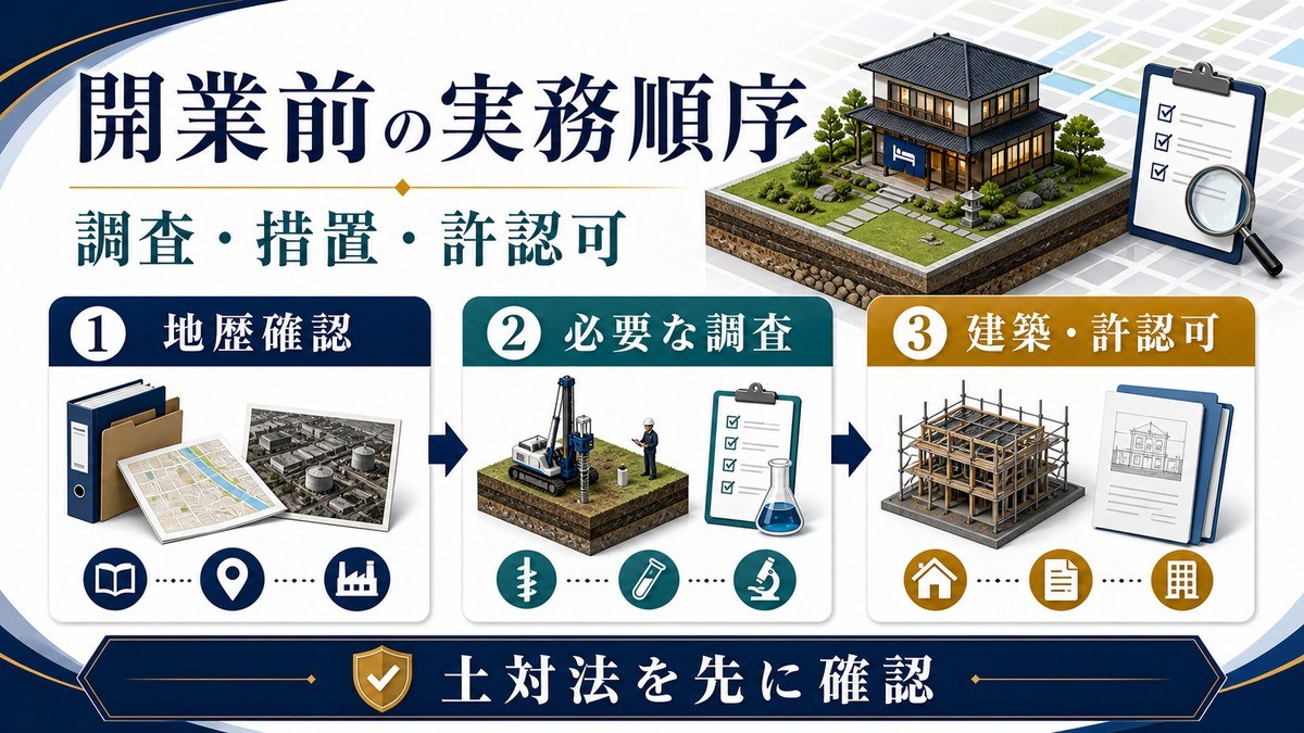 土壌汚染物件で民泊旅館業を検討する際に地歴確認、区域確認、調査措置、建築許認可へ進む実務順序の図解
