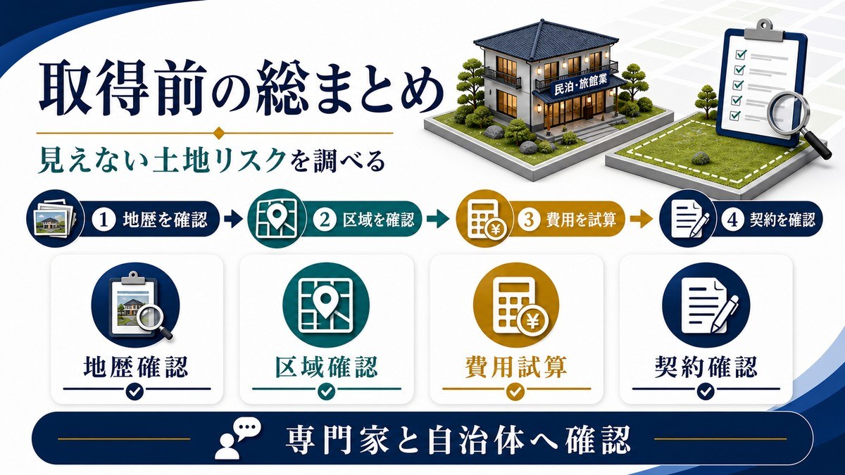 土壌汚染物件では地歴確認、区域確認、費用試算、契約確認を取得前に行うまとめ図解