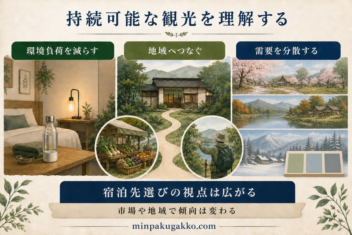 持続可能な観光を環境負荷低減、地域とのつながり、需要分散の3つの視点で整理した図