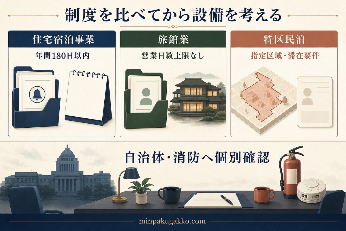 住宅宿泊事業、旅館業、特区民泊の営業日数や対象条件を比較し、自治体と消防への確認を促す図