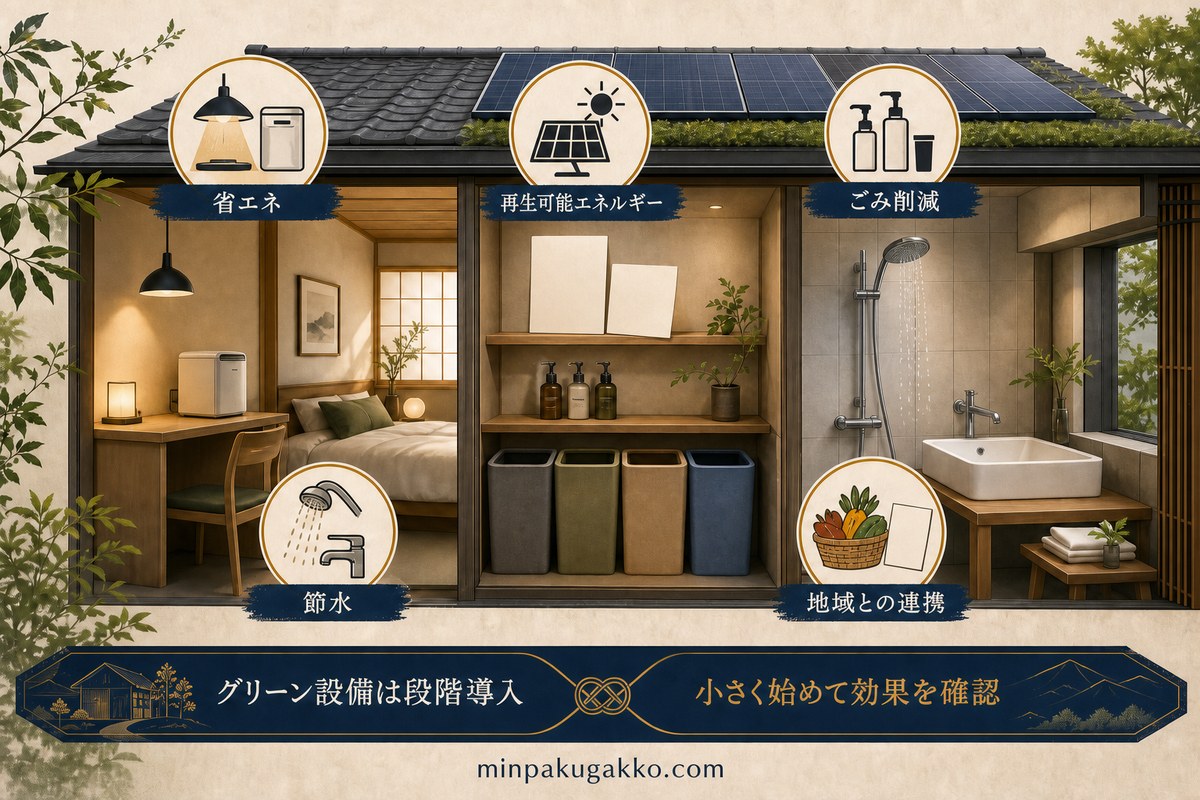 民泊の省エネ、再生可能エネルギー、ごみ削減、節水、地域連携を段階的に整える客室図