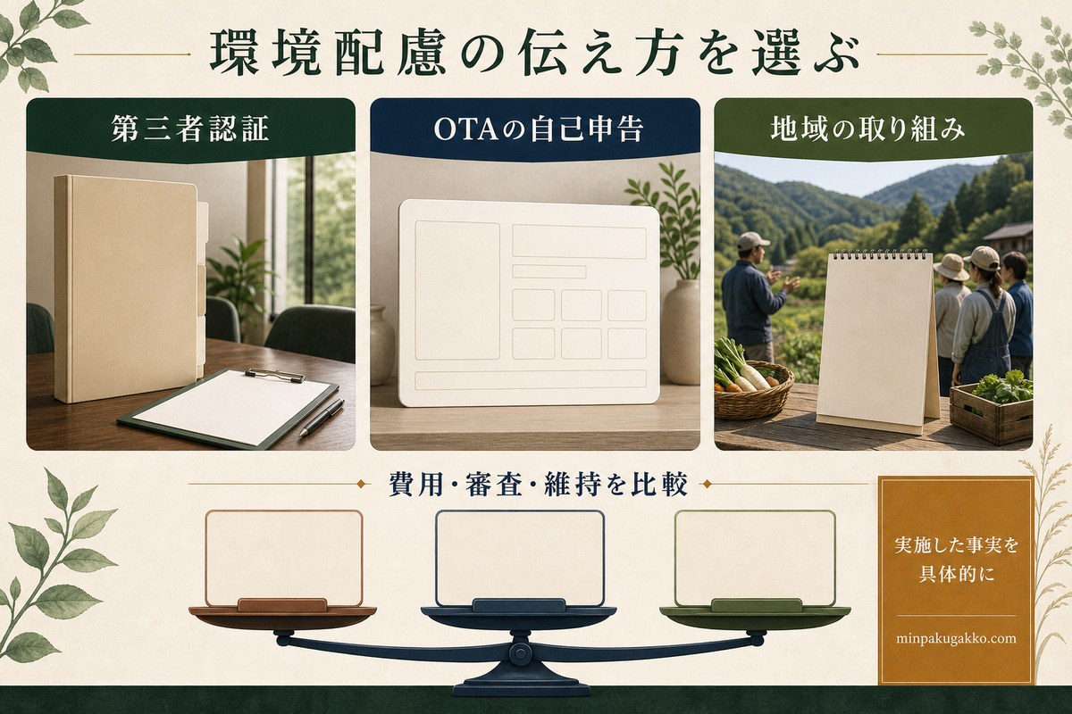 第三者認証、OTAの自己申告、地域の取り組みを区別し、費用や維持負担を比較する図