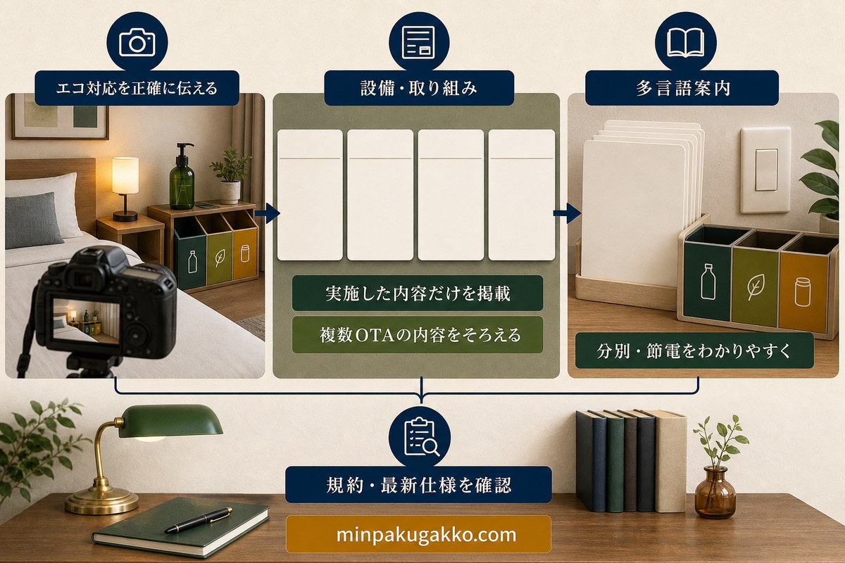 民泊の環境配慮設備、多言語案内、複数OTAの掲載内容を正確にそろえる流れを示した図