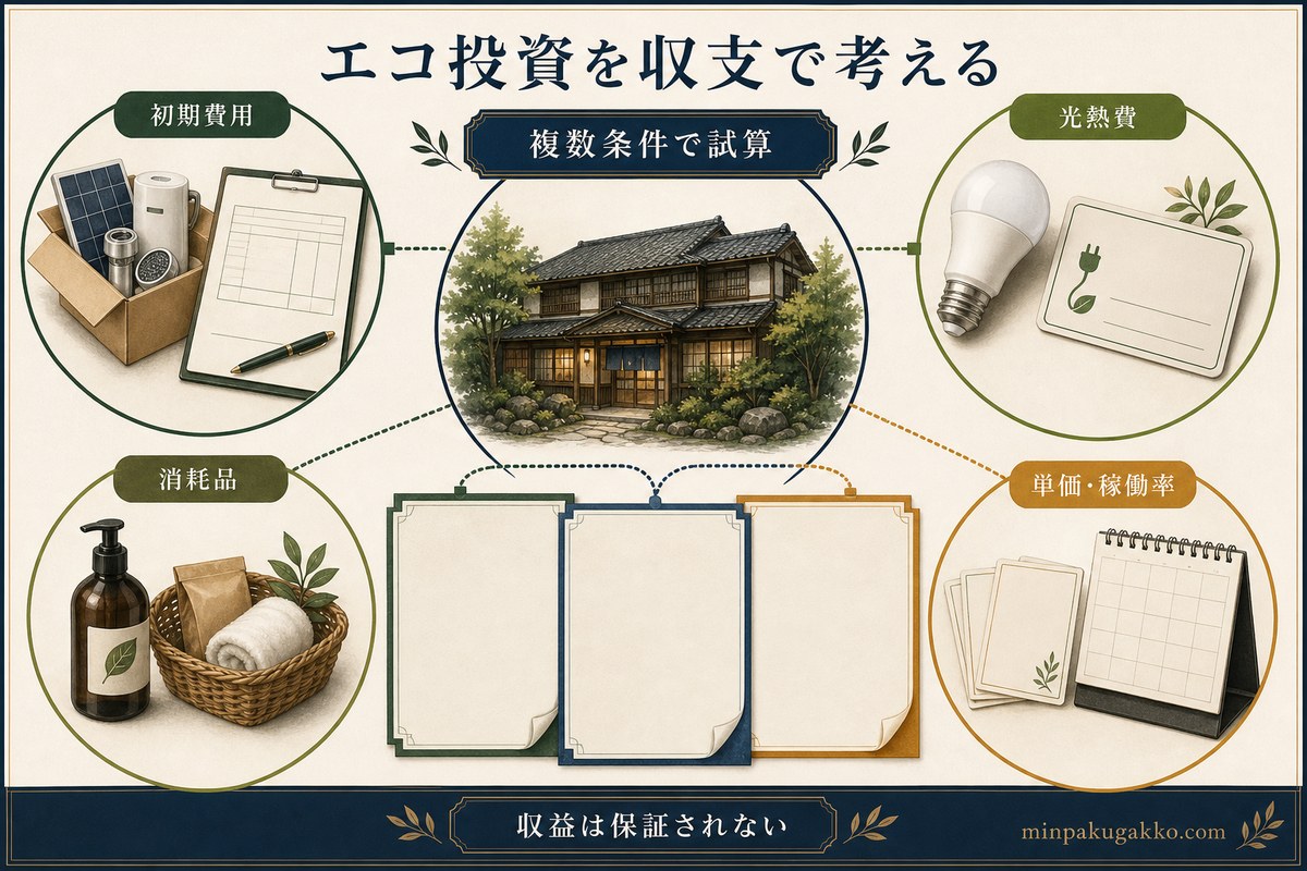 エコ対応民泊の初期費用、光熱費、消耗品、単価と稼働率を複数条件で試算する考え方を示した図