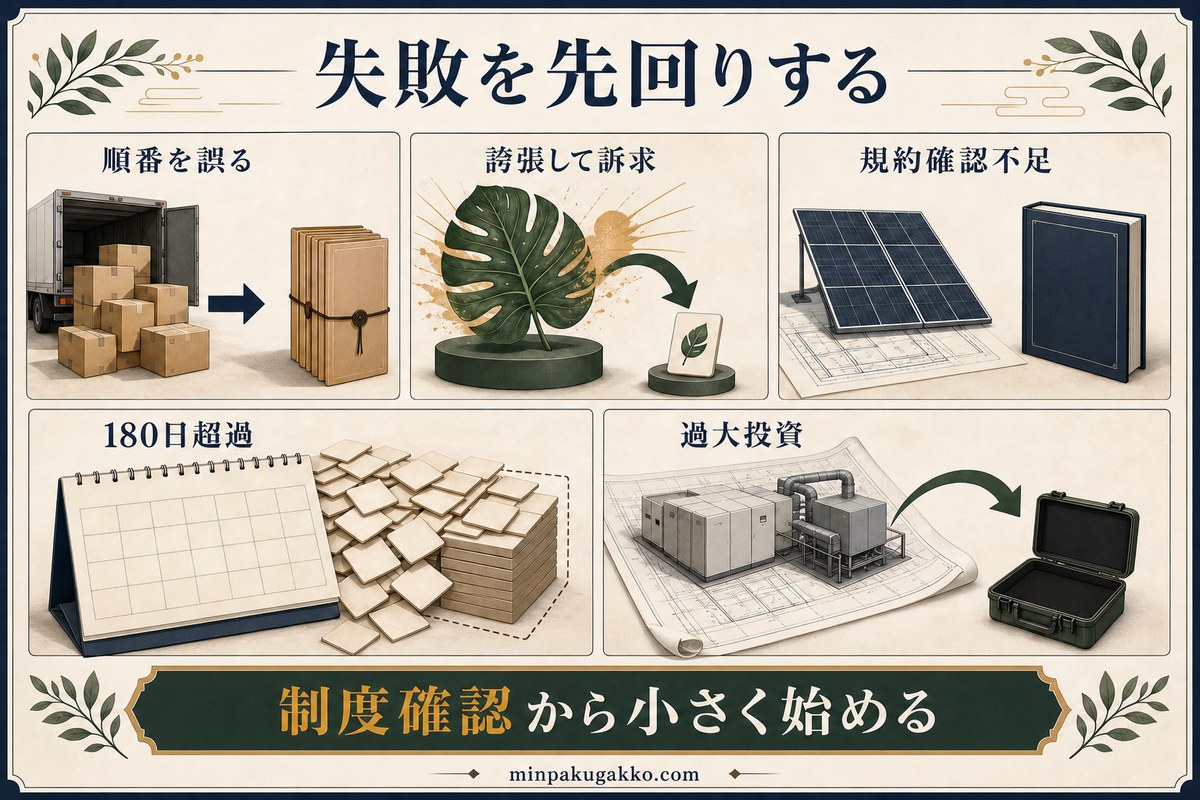 エコ対応民泊で起こりやすい手順ミス、誇張訴求、規約確認不足、180日超過、過大投資を整理した図