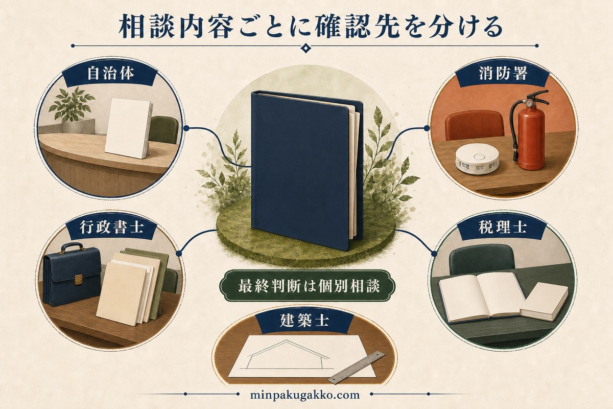 エコ対応民泊の相談先を自治体、消防署、行政書士、税理士、建築士に分けた図
