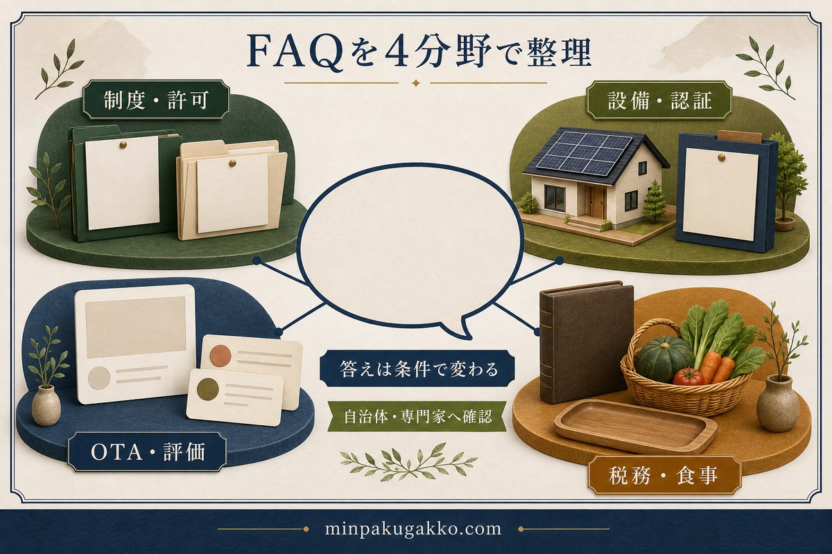 エコ対応民泊のFAQを制度と許可、設備と認証、OTAと評価、税務と食事の4分野で整理した図