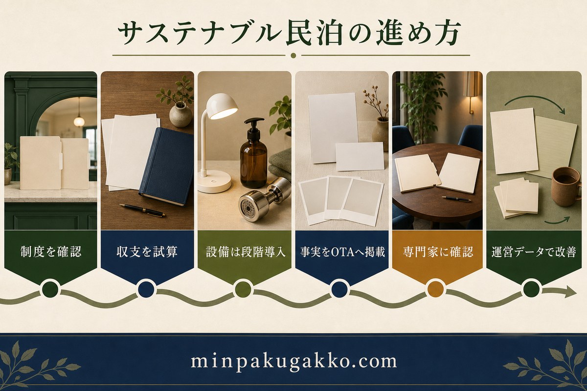 サステナブル民泊を制度確認、収支試算、段階的設備導入、OTA掲載、専門家確認、運営改善の順で進める図