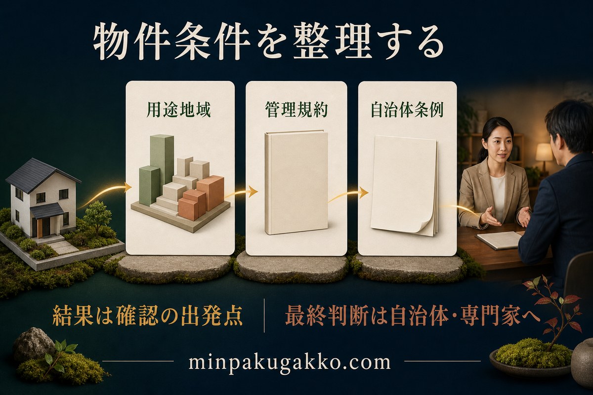 用途地域、管理規約、自治体条例を整理し、自治体や専門家への確認につなげる物件診断の図
