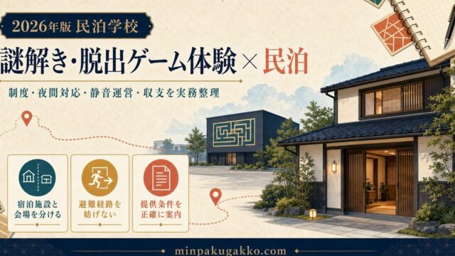 謎解き・脱出ゲーム会場を訪れる旅行者向け民泊の制度、設備、案内、運営を整理したアイキャッチ画像