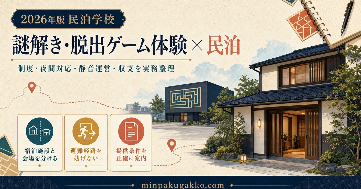 謎解き・脱出ゲーム会場を訪れる旅行者向け民泊の制度、設備、案内、運営を整理したアイキャッチ画像
