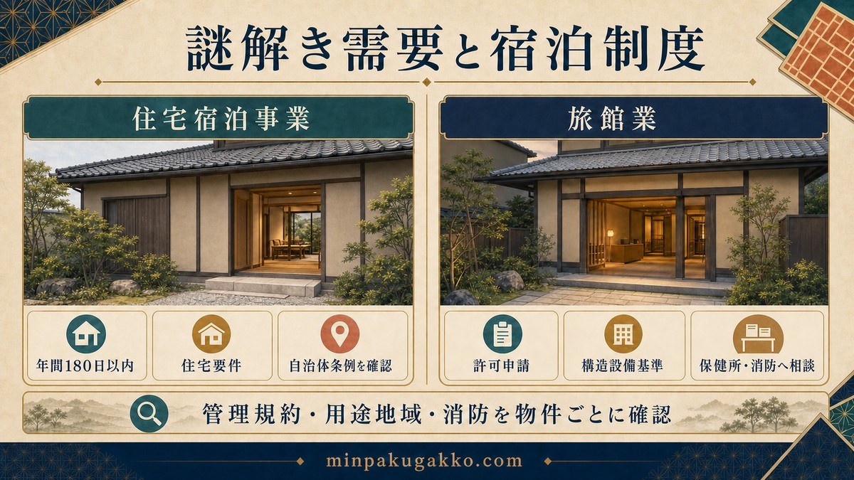 住宅宿泊事業と旅館業を営業日数、住宅要件、管理規約、用途地域、条例、消防相談で比較した図解