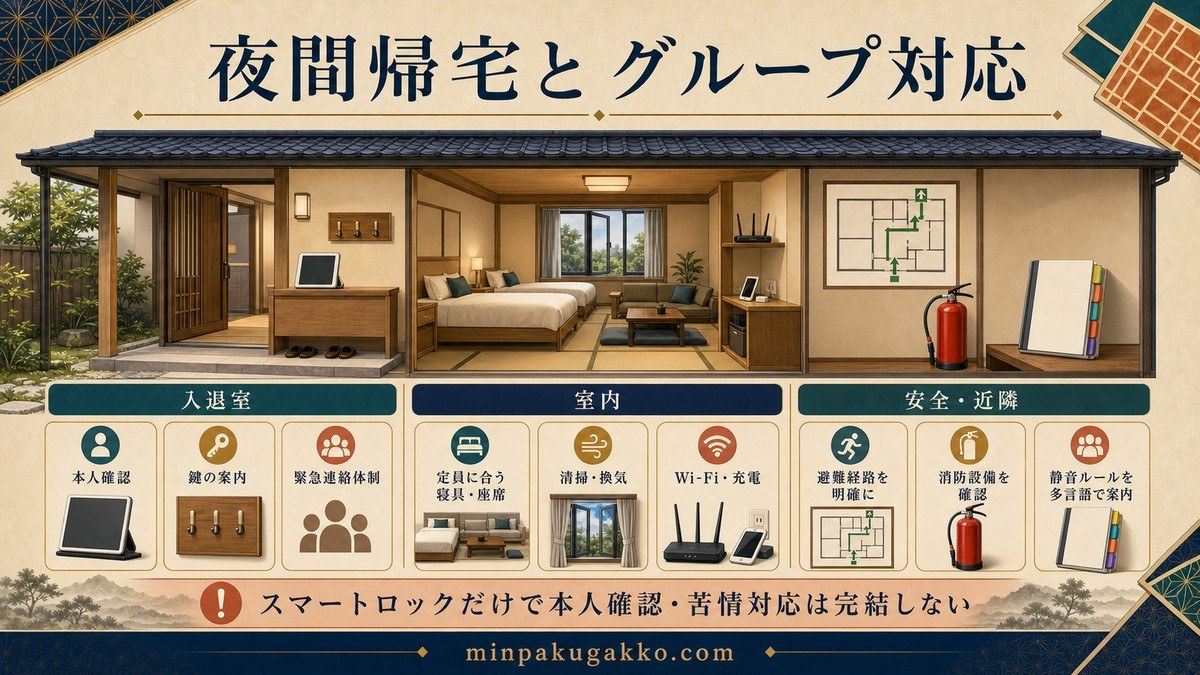 夜間帰宅とグループ宿泊に備える本人確認、鍵案内、寝具、静音、通信、避難案内を整理した図解